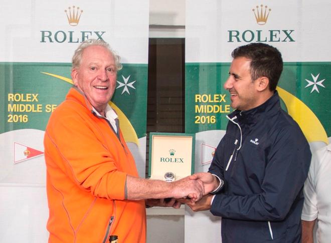 George David was awarded a Rolex Oyster Perpetual Yacht-Master in Rolesium by Malcolm Lowell of Edwards Lowell, Malta. - Rolex Middle Sea Race - 25 October 2016 ©  Rolex/ Kurt Arrigo http://www.regattanews.com